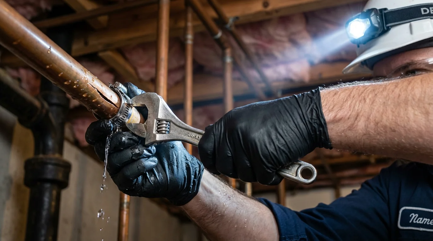 Emergency pipe clamp repair being performed by a Johns Plumbing LLC plumber in Burgaw