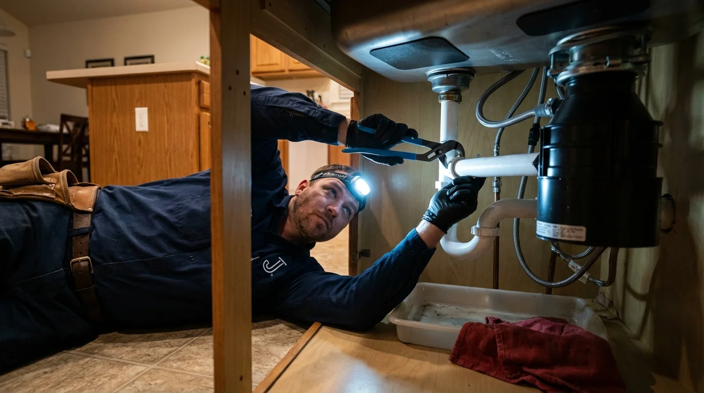P-trap and supply line connections under a kitchen sink showing a common leak point in Burgaw, NC